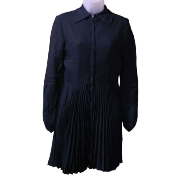 Vintage Black Pleated Mini Shirtdress Zipper Front 60s 70s Chic Academic - Picture 1 of 13
